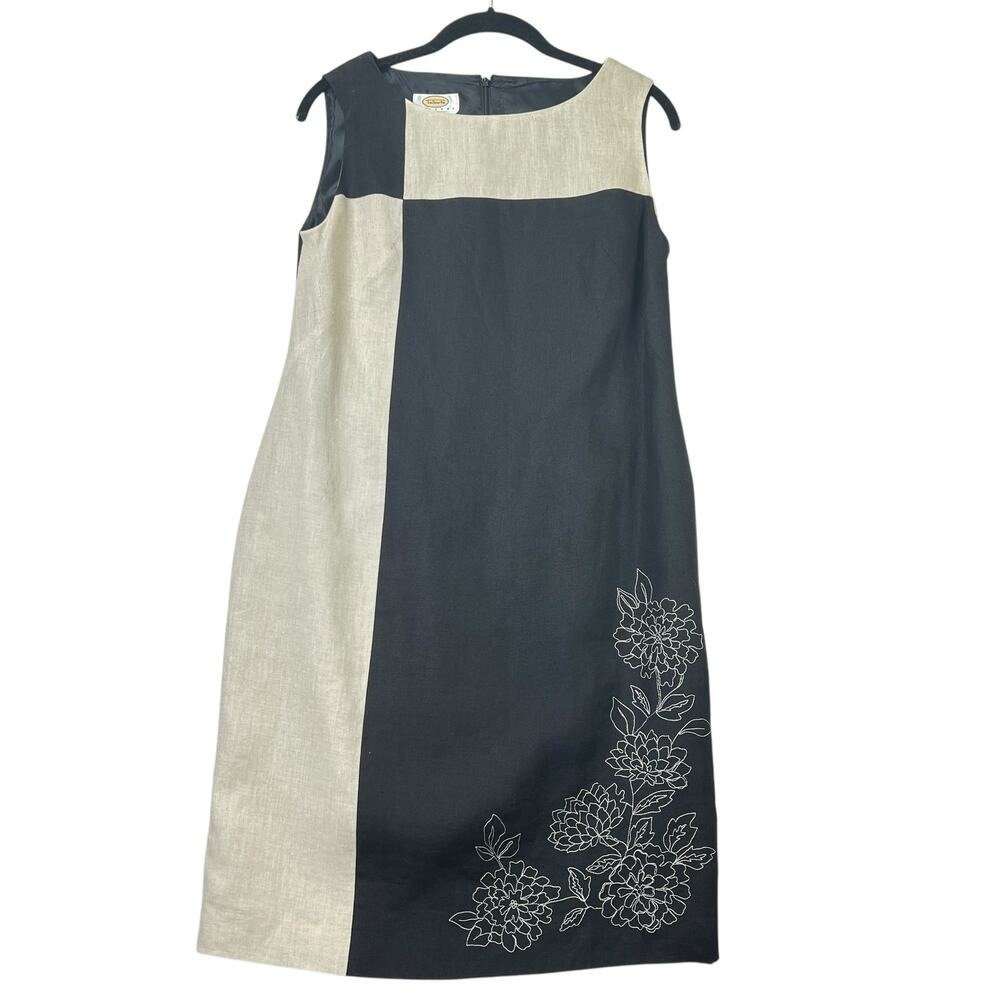 Talbots Linen Sheath Dress 12P Petite Sleeveless Black Tan Embroidered - Picture 1 of 8